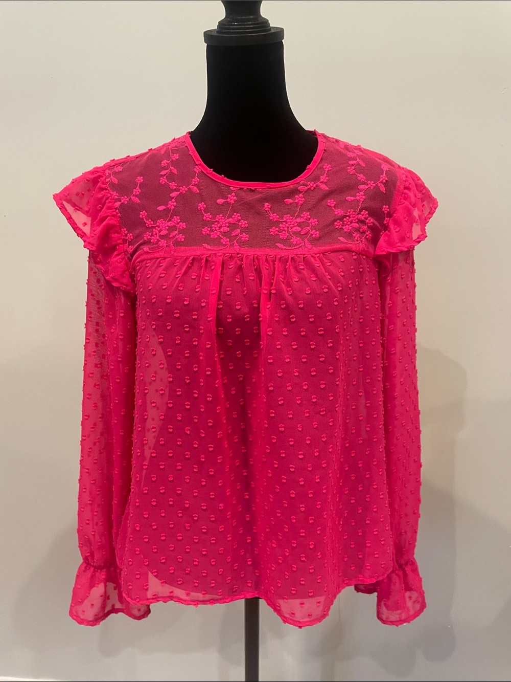 bleuh ciel Hot Pink Swiss Dot Sheer Long Sleeve Blouse with Embroidered Yoke